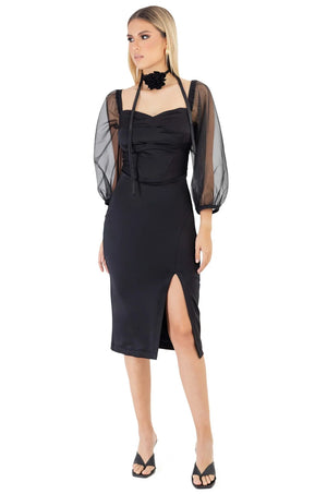 Vestido Negro Manga Larga Puff Katherine